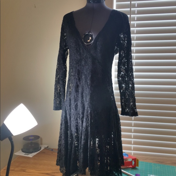 Free People Lace Black Long Sleeve V-neck Dress